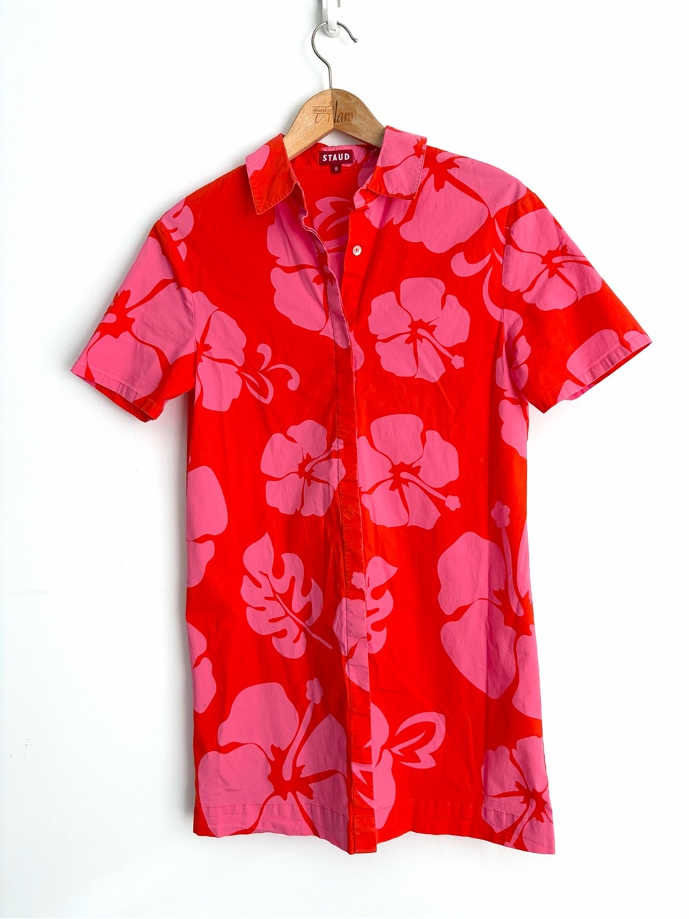 STAUD - Red Pink Hibiscus Cotton Resortcore Blouse - Size M